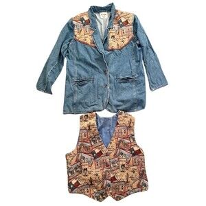 Vintage Hand Made Blue Denim Texas Themed Jean Jacket & Vest Alamo Womens Sz XL